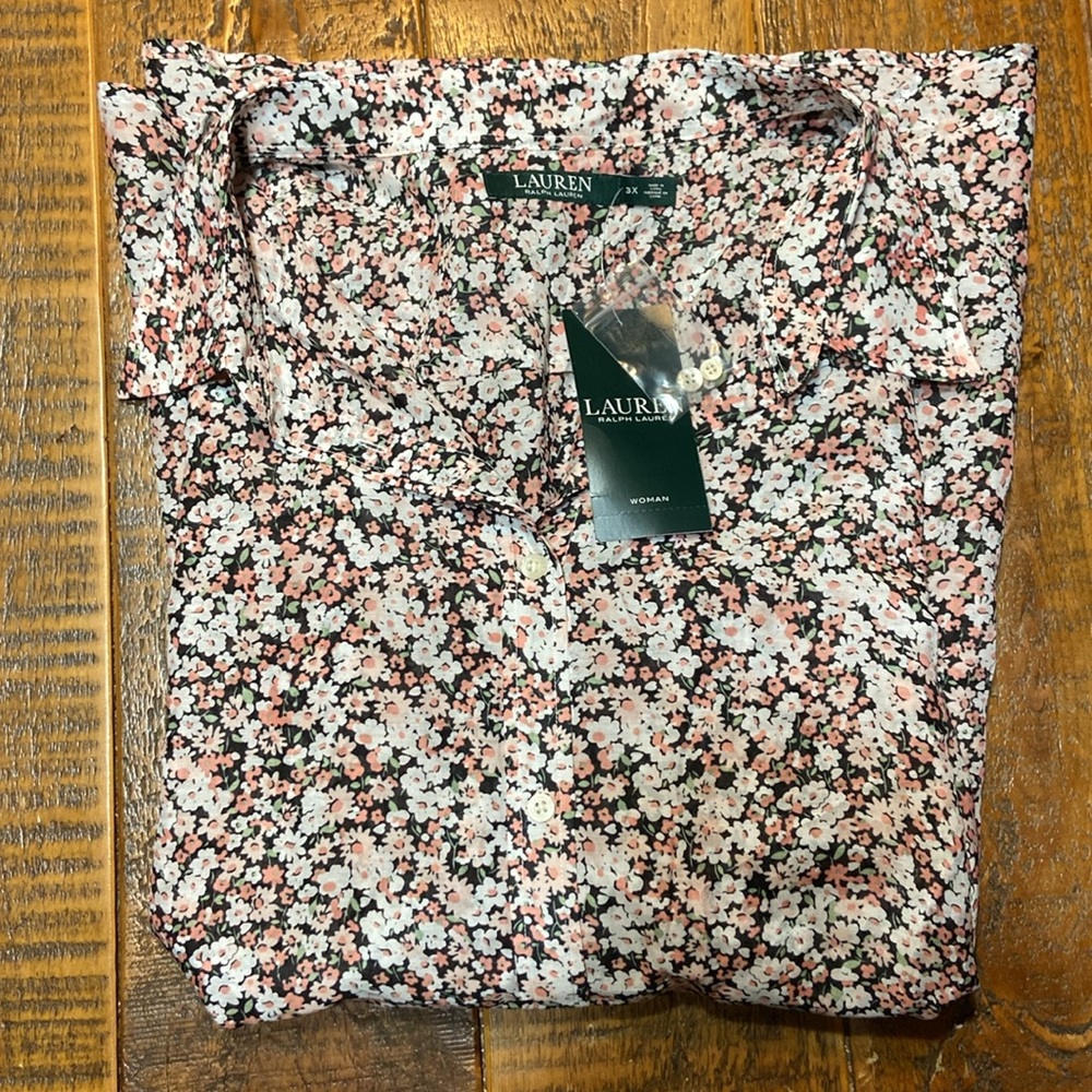 NWT Lauren Ralph Lauren Blouse Size 3X Green Label Floral Silk Blend Shirt - Picture 7 of 9
